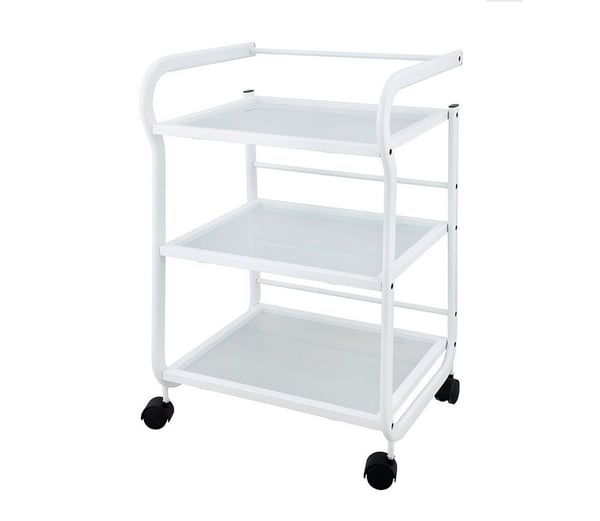 Help white metal trolley: Equipped with three large translucent glass shelves