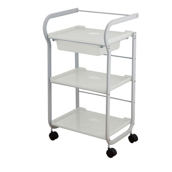 White Metal Cart Part: Equipped with three shelves and removable drawer
