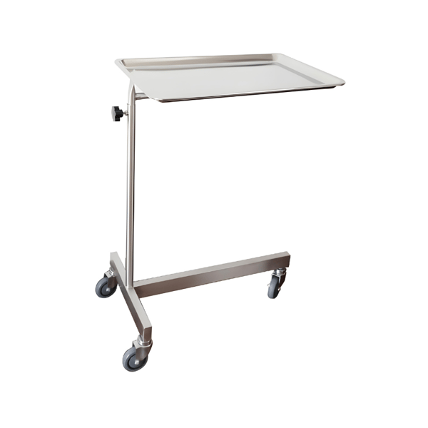 Stainless steel Mayo trolley with an efficient and adjustable lifting system. Support bar and tray with fully removable raised edges.