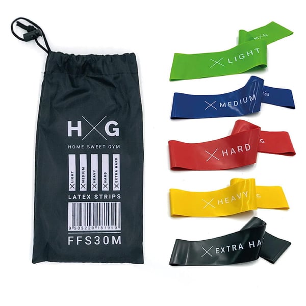 Kit of 5 latex elastic bands with 5 levels of resistance