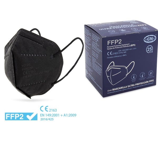 Black FFP2 masks with European CE certificate (individually bagged - Box of 25 units)
