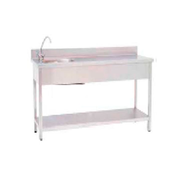 Work table made of stainless steel: two smooth surfaces, leveling legs and a bucket. Without tap (150 x 60 x 85 cm)