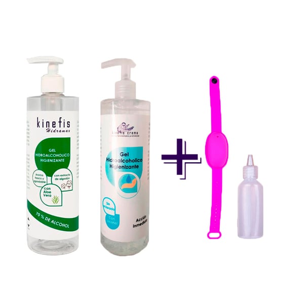 Family Hydroalcoholic Gel Pack: Kinefis Raer (500ml) + Scented Kinefis (500ml) + refillable bracelet with gift dispenser bottle