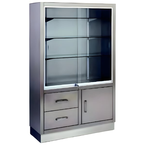 Stainless steel display cabinet with sliding doors at the top and cabinet and drawers at the bottom (160X40X100)