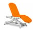Electric osteopathy stretcher: three bodies, with negative reclining backrest, central fold and straight rise without lateral movement. Includes face cap and retractable wheels, with Trendelenburg position