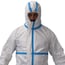 Disposable coverall with CE 2163 Certificate: Breathable material, front closure and elastic cuffs, hood and ankles.