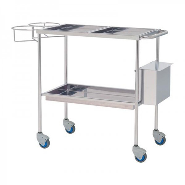 Stainless steel dressing trolley: Three trays, waste bin and support for bottles
