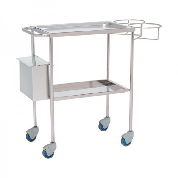 Stainless steel dressing trolley: Two trays, waste bucket and support for bottles