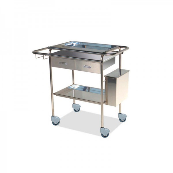 Stainless steel curing cart with two trays, two drawers, waste bucket and bottle holder