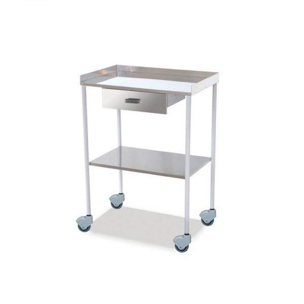 White side table with one drawer, two stainless steel shelves and top rail