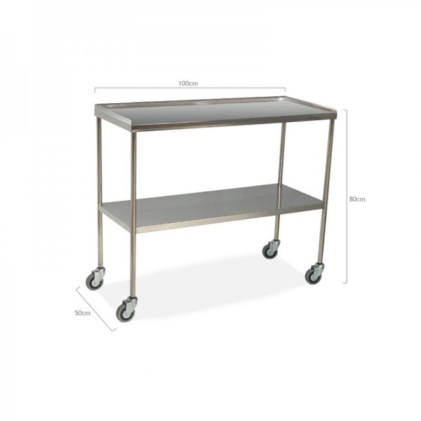 Stainless steel instrument table with rimmed upper shelf and smooth lower shelf (Various sizes)