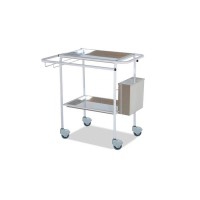 White dressing cart with two trays, stainless steel waste bin and bottle holder
