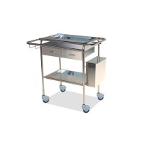 Stainless steel curing cart with two trays, two drawers, waste bucket and bottle holder