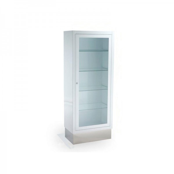 White painted clinical cabinet with one door and stainless steel plinth (Tempered glass)