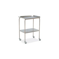 Lower stainless steel side table with top shelf and lip on three sides