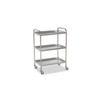Stainless steel side table with three rimmed shelves and two pushers