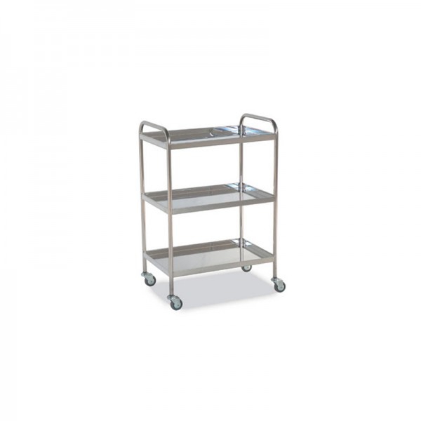 Stainless steel side table with three rimmed shelves and two pushers