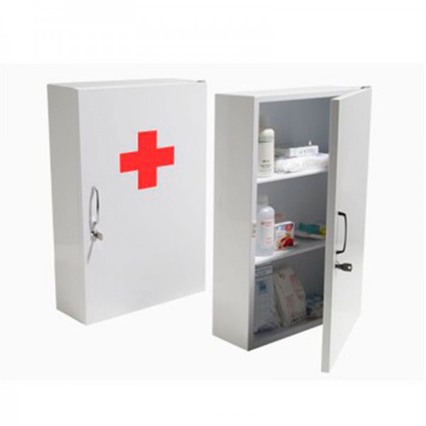 First Aid Kit of A-5 metal wall painted white with handle and key