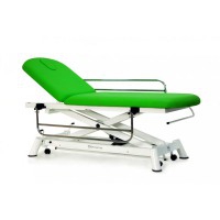 Electric examination stretcher: two bodies with straight rise without lateral movement, railings, toilet paper holder, face cap and retractable wheels