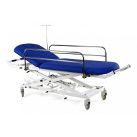 Hydraulic transfer cart: two bodies with railings, IV poles, bottle holders, pushers and transport wheels