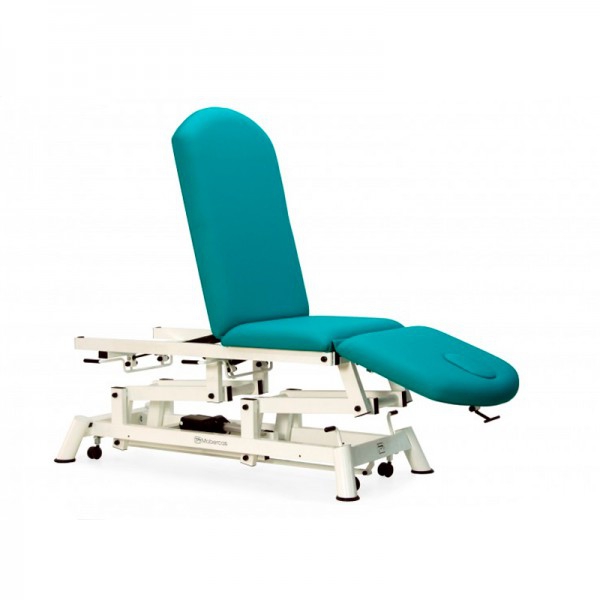 Electric stretcher for osteopathy: three bodies, with negative reclining backrest, toilet roll holder, face cap and retractable wheels Electric stretcher for osteopathy: three bodies, with negative reclining backrest, toilet roll holder, face cap and retractable wheels