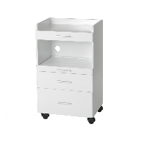 Auxiliary white wooden trolley: Equipped with three drawers and a central space to house the instrumentation Auxiliary white wooden trolley: Equipped with three drawers and a central space to house the instrumentation