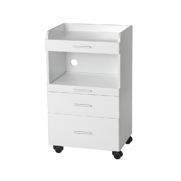 Auxiliary white wooden trolley: Equipped with three drawers and a central space to house the instrumentation Auxiliary white wooden trolley: Equipped with three drawers and a central space to house the instrumentation