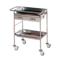 Stainless steel dressing trolley with two drawers and two removable trays
