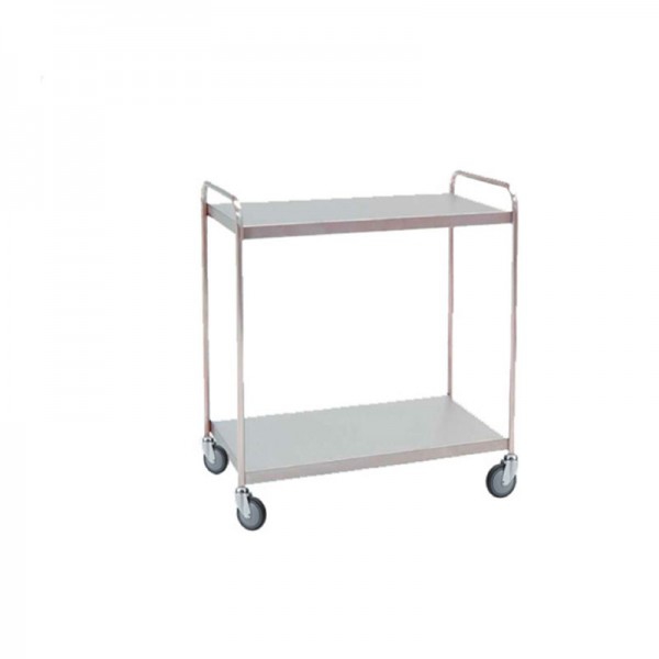 Hospital material distribution trolley: made of stainless steel with two shelves and swivel wheels (95 x 55 x 95 cm)