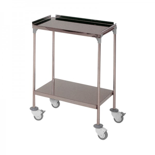 Auxiliary table for instruments made of stainless steel with two smooth shelves, upper shelf with rim (60 x 40 x 80 cm)
