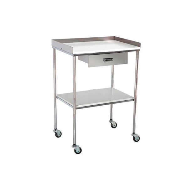 Side table in chromed steel with two melamine shelves, top rail and drawer