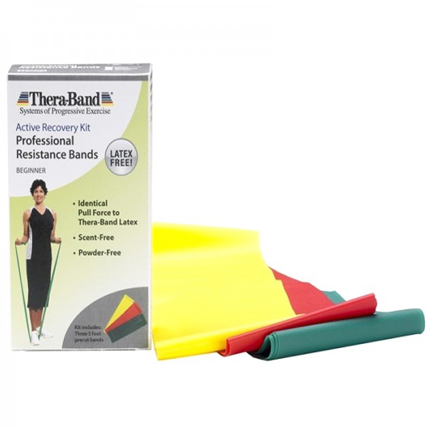 Pack of three Thera-Band Beginner Latex Free Elastic Tapes (latex free): Soft, medium and strong resistance