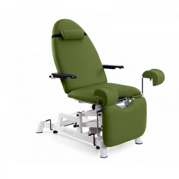 Electric gynecological examination chair: three bodies, with two motors for height and back adjustment, gynecological leg supports, cervical cushion and compensated Trendelenburg
