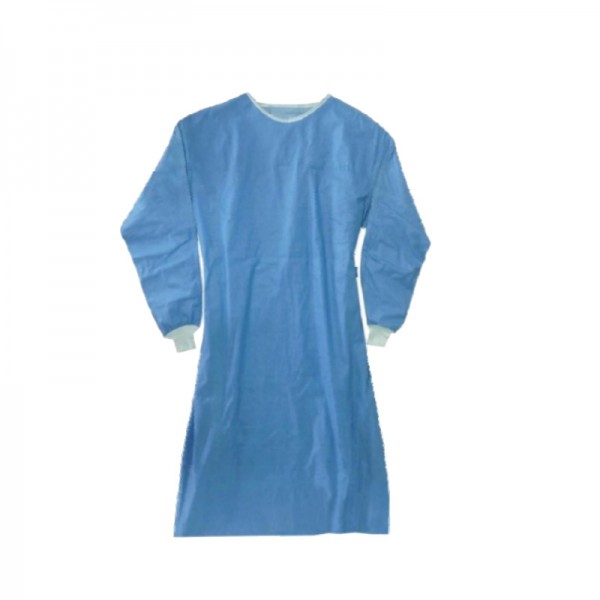 Sterile blue disposable gown 68 grams: class I PPE, adjustable cuffs in white fabric and adjustable round neck with velcro