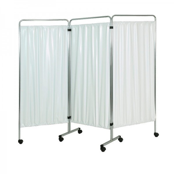 Clinical screen made of white plastic fabrics with three sections with wheels (epoxy, chromed steel or stainless steel)