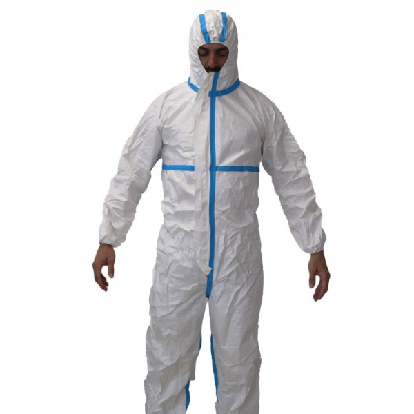 Disposable coverall with CE 2163 Certificate: Breathable material, front closure and elastic cuffs, hood and ankles.