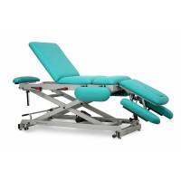 Multifunctional electric couch for osteopathy: nine bodies with motorized height adjustment, negative reclining backrest, central fold, adjustable arms and retractable wheels