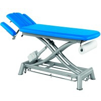Ecopostural electric stretcher with two bodies: With scissor structure, rectangular cap head with armrests and peripheral