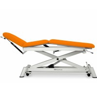 Osteopathy electric table: three bodies, with negative reclining backrest, central fold and straight rise without lateral displacement. Includes facial cap and retractable wheels, with Trendelenburg position