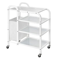 White Mobile Metal Cart: Equipped with four translucent glass shelves and side bag