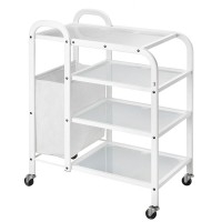 White Metal Mobile Cart: Equipped with four translucent glass shelves and side bag White Metal Mobile Cart: Equipped with four translucent glass shelves and side bag