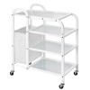 White Mobile Metallic Trolley: Equipped with 4 translucent glass shelves and side bag White Mobile Metallic Trolley: Equipped with 4 translucent glass shelves and side bag