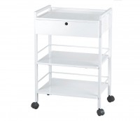 Easy white metal trolley: Equipped with a lockable drawer and three shelves Easy white metal trolley: Equipped with a lockable drawer and three shelves