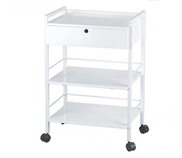 Easy white metal trolley: Equipped with a lockable drawer and three shelves Easy white metal trolley: Equipped with a lockable drawer and three shelves