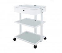 White metal multifunctional trolley for physiotherapy, podiatry and aesthetics: Equipped with two translucent glass shelves and lockable drawer White metal multifunctional trolley for physiotherapy, podiatry and aesthetics: Equipped with two translucent glass shelves and lockable drawer
