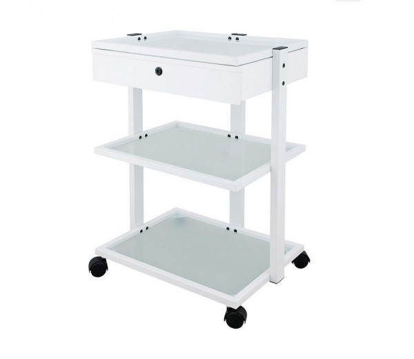 White metal multifunctional trolley for physiotherapy, podiatry and aesthetics: Equipped with two translucent glass shelves and lockable drawer