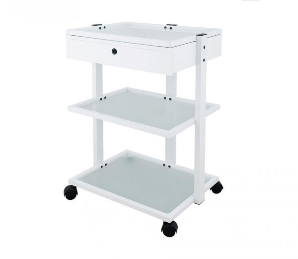 White metal multifunctional trolley for physiotherapy, podiatry and aesthetics: Equipped with two translucent glass shelves and lockable drawer White metal multifunctional trolley for physiotherapy, podiatry and aesthetics: Equipped with two translucent glass shelves and lockable drawer