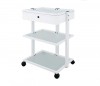 White metallic multifunctional trolley for physiotherapy, podiatry and aesthetics: Equipped with two translucent glass shelves and a lockable drawer