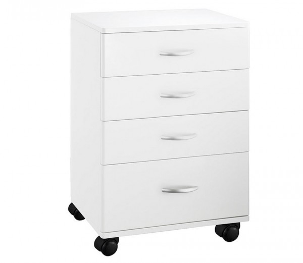 Handy white wooden trolley: Equipped with four drawers and four wheels for greater mobility Handy white wooden trolley: Equipped with four drawers and four wheels for greater mobility