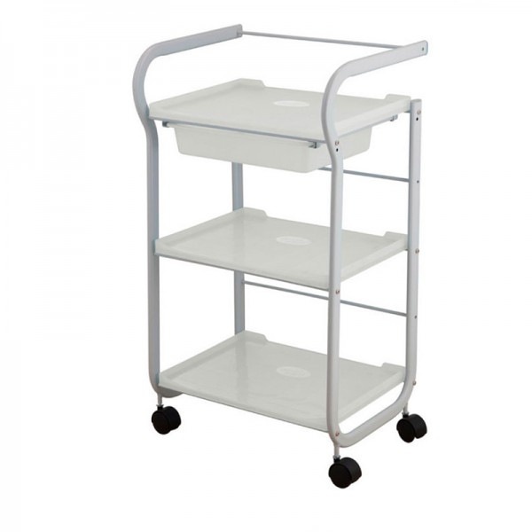 White Metal Cart Part: Equipped with three shelves and removable drawer